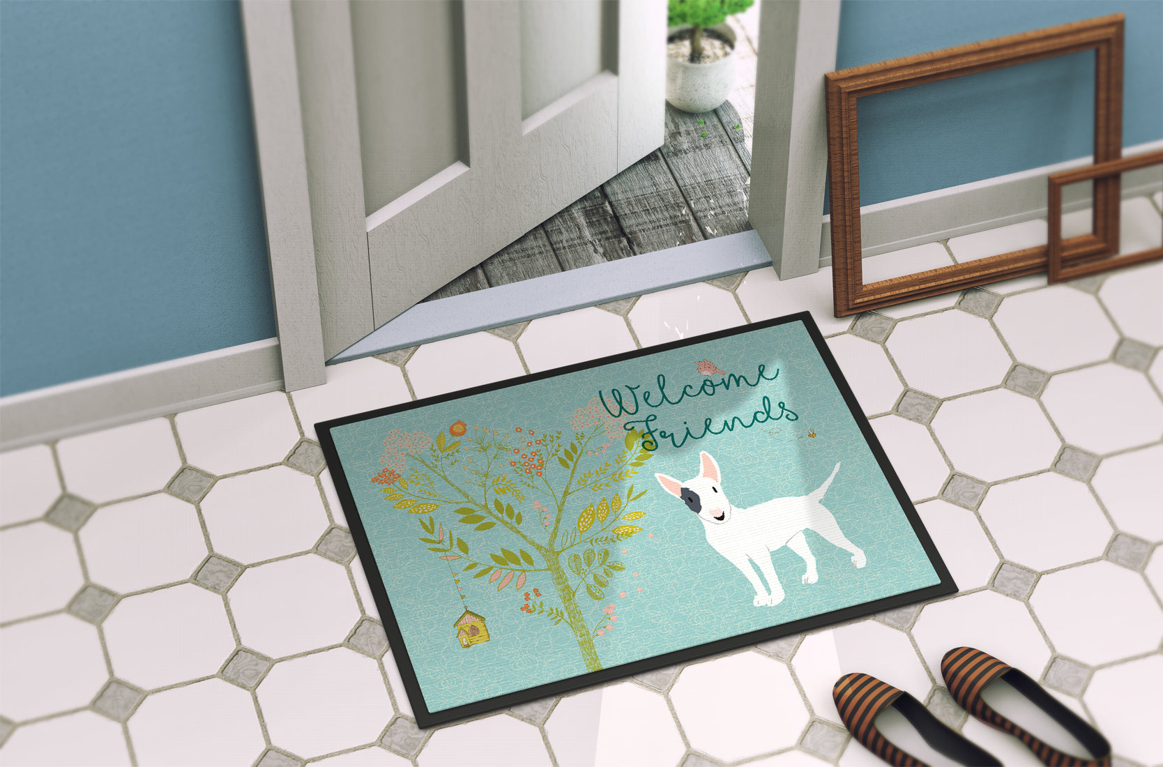 Welcome Friends White Patched Bull Terrier Indoor or Outdoor Mat 18x27 BB7607MAT - the-store.com