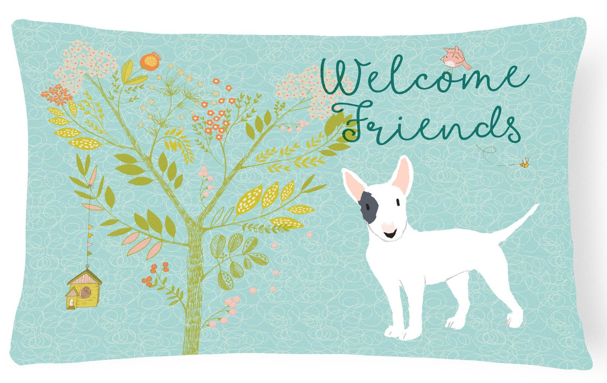 Welcome Friends White Patched Bull Terrier Canvas Fabric Decorative Pillow BB7607PW1216 by Caroline&#39;s Treasures