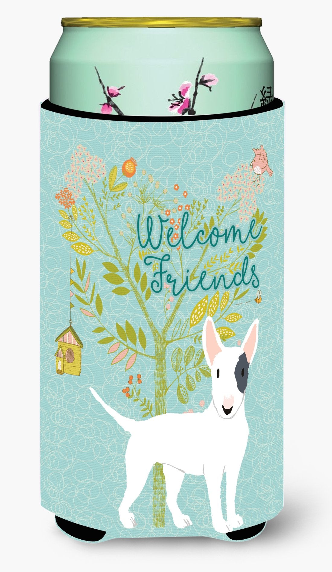 Welcome Friends White Patched Bull Terrier Tall Boy Beverage Insulator Hugger BB7607TBC by Caroline&#39;s Treasures