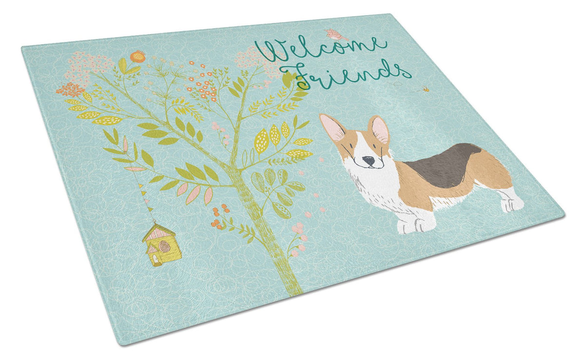 Welcome Friends Pembroke Welsh Corgi Tricolor Glass Cutting Board Large BB7609LCB by Caroline&#39;s Treasures