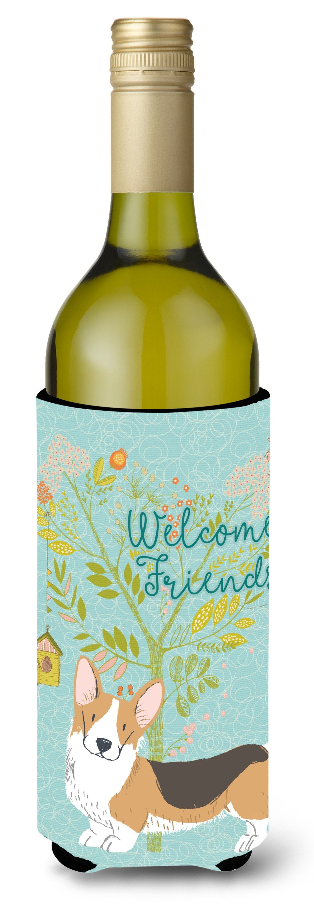 Welcome Friends Pembroke Welsh Corgi Tricolor Wine Bottle Beverge Insulator Hugger BB7609LITERK by Caroline&#39;s Treasures