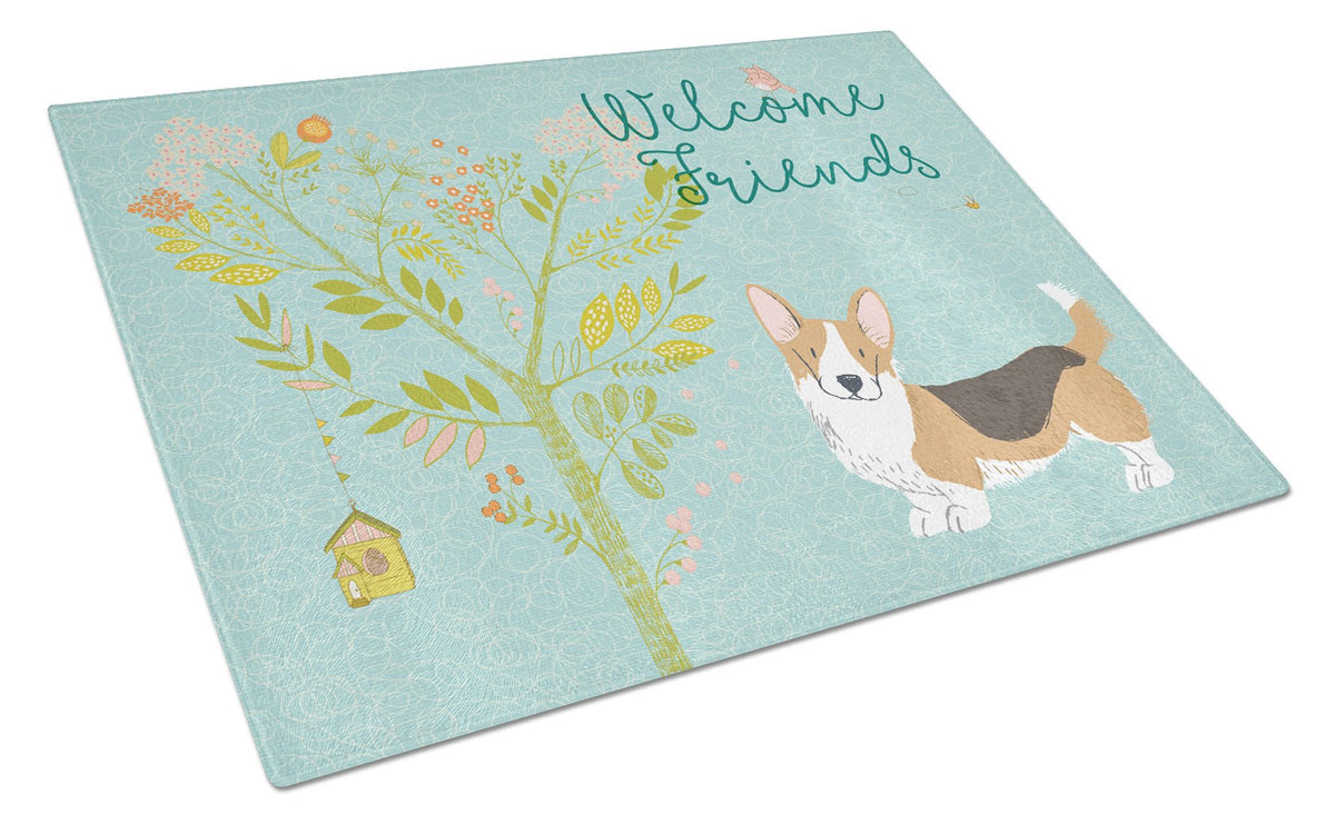 Welcome Friends Pembroke Welsh Corgi Tricolor Glass Cutting Board Large BB7610LCB by Caroline&#39;s Treasures