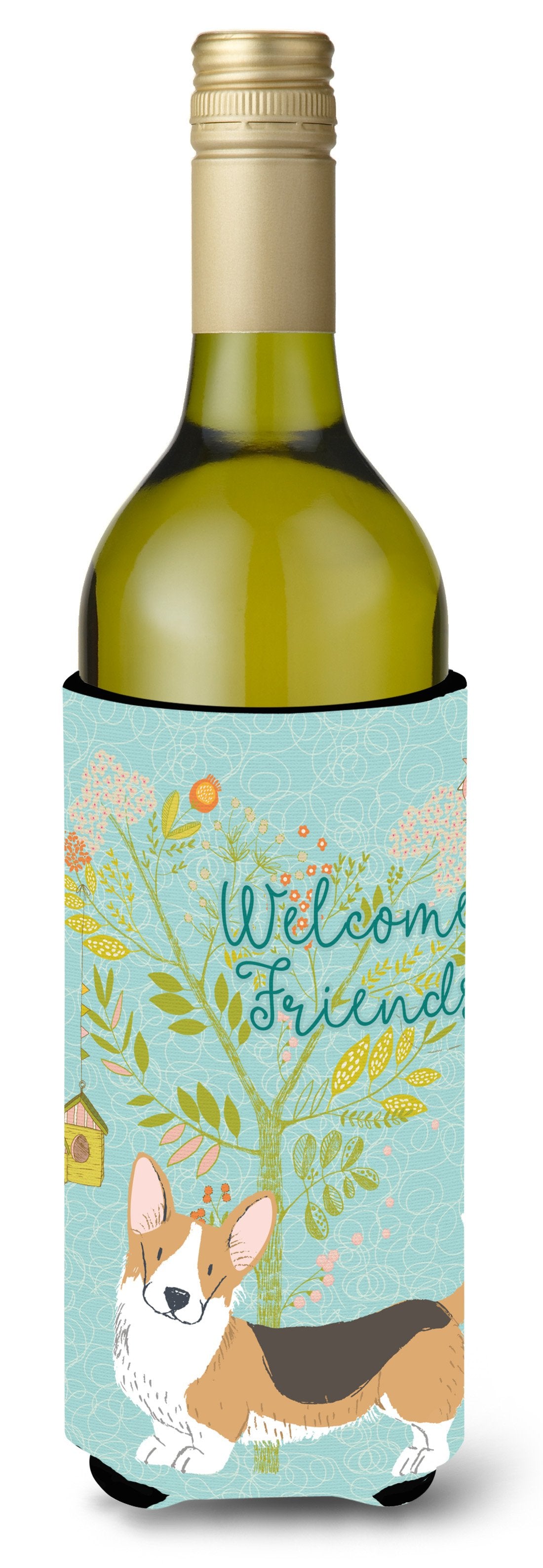 Welcome Friends Pembroke Welsh Corgi Tricolor Wine Bottle Beverge Insulator Hugger BB7610LITERK by Caroline&#39;s Treasures