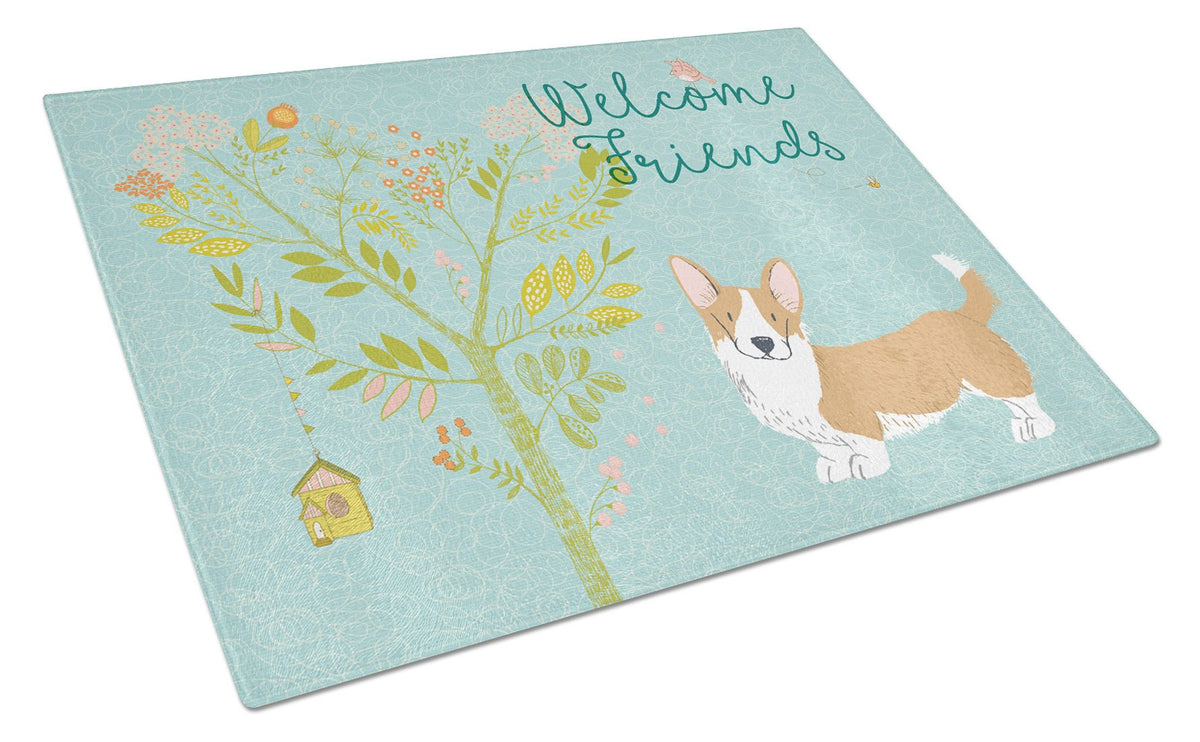 Welcome Friends Cardigan Welsh Corgi Tricolor Glass Cutting Board Large BB7611LCB by Caroline&#39;s Treasures