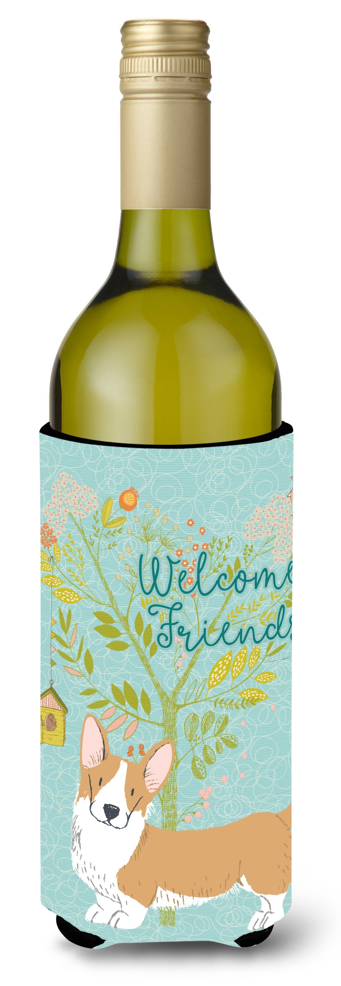 Welcome Friends Cardigan Welsh Corgi Tricolor Wine Bottle Beverge Insulator Hugger BB7611LITERK by Caroline&#39;s Treasures