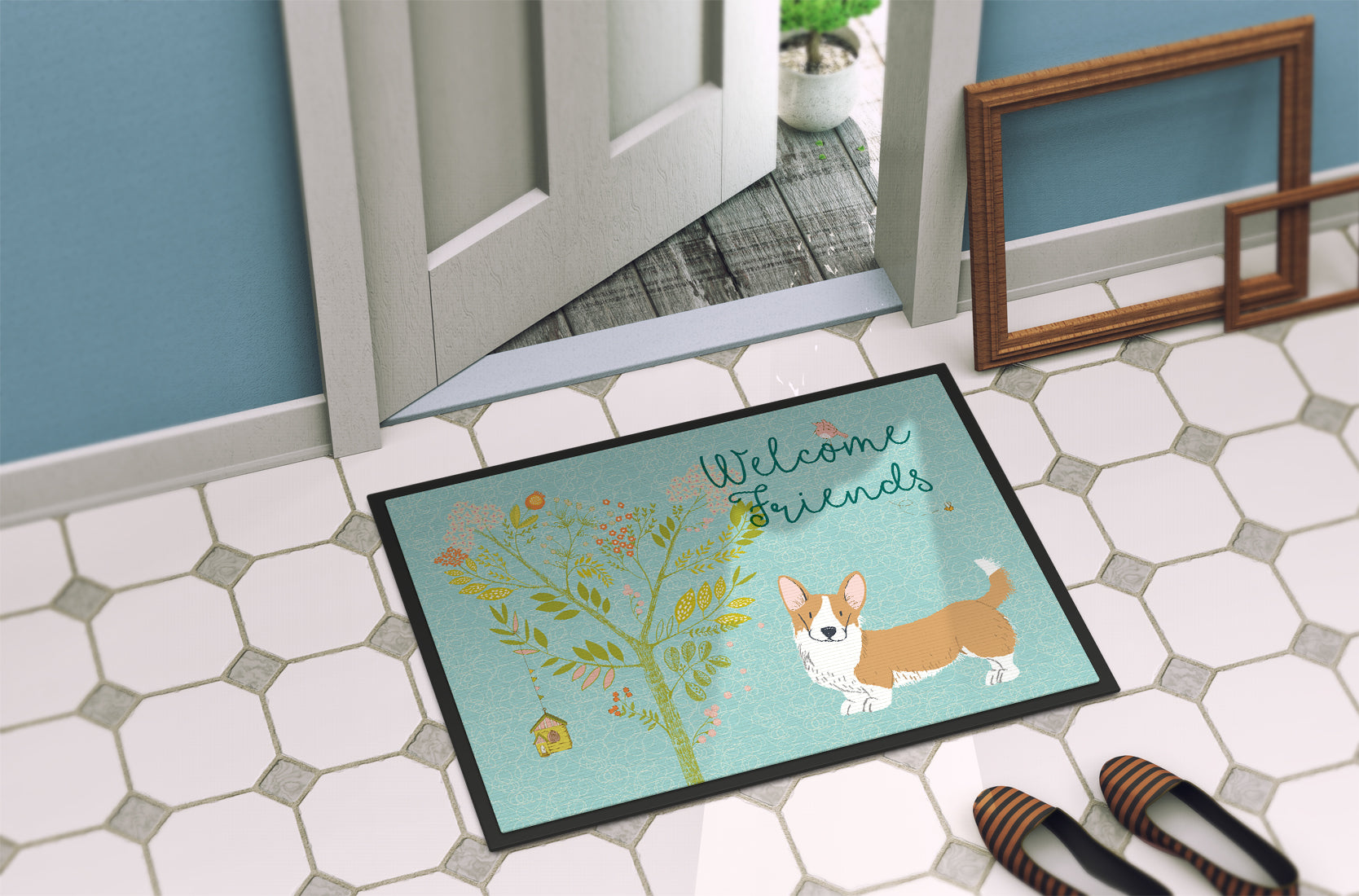 Welcome Friends Cardigan Welsh Corgi Tricolor Indoor or Outdoor Mat 18x27 BB7611MAT - the-store.com