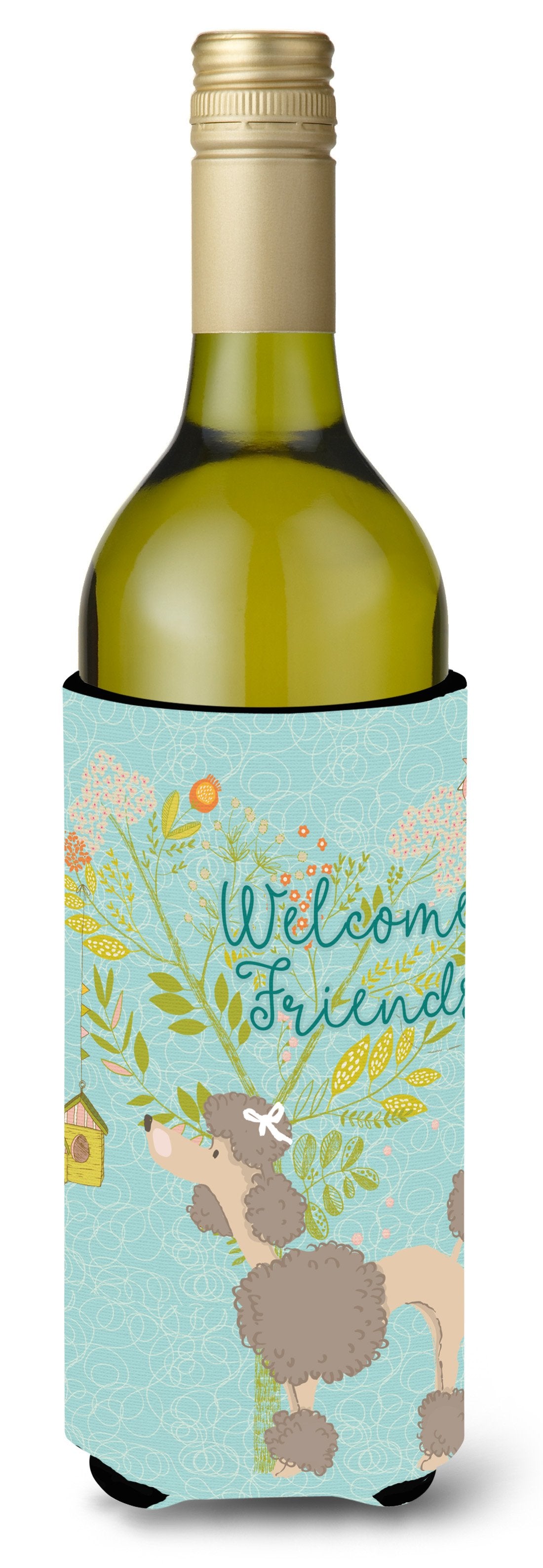 Welcome Friends Chocolate Poodle Wine Bottle Beverge Insulator Hugger BB7612LITERK by Caroline&#39;s Treasures