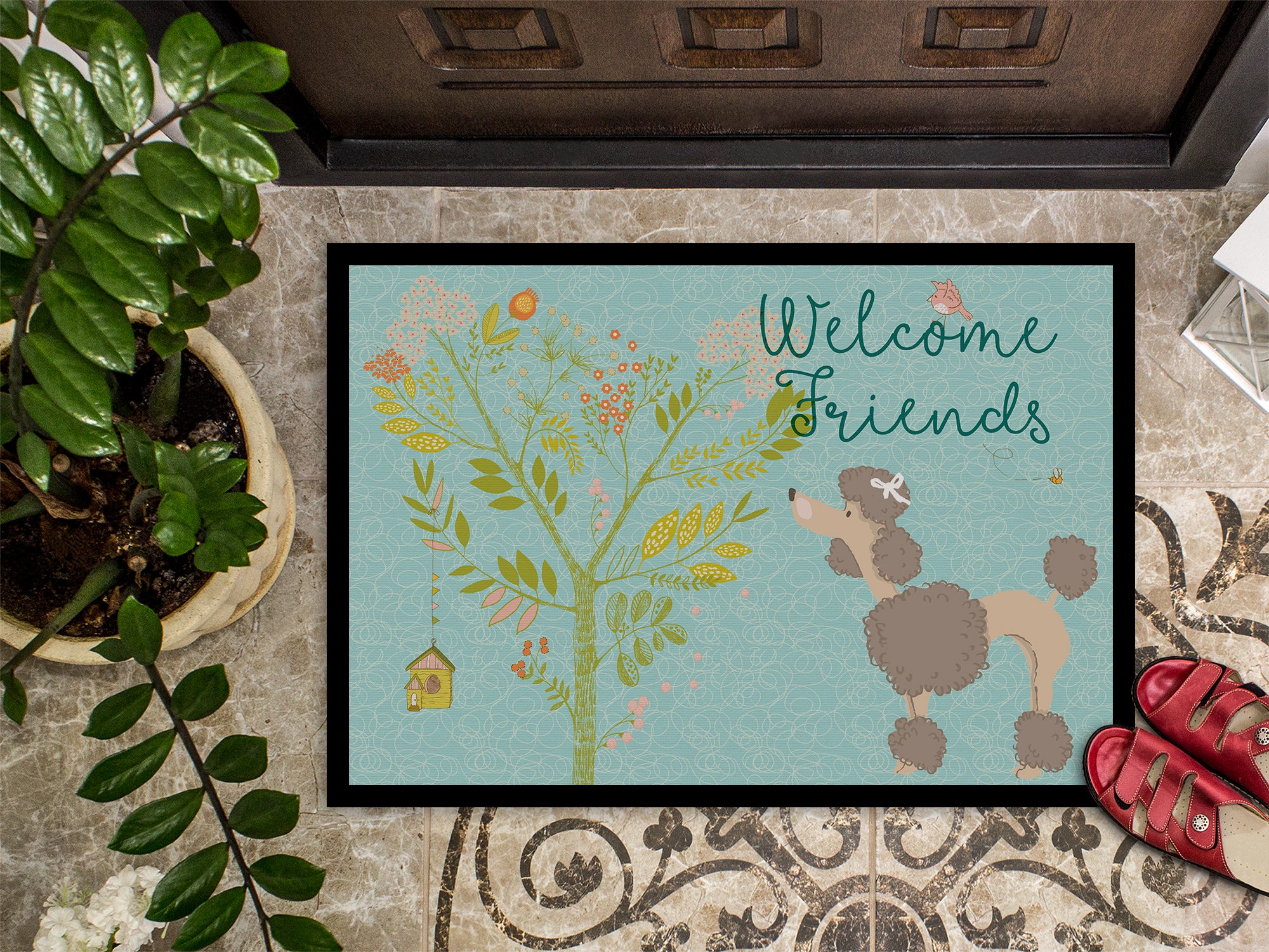 Welcome Friends Chocolate Poodle Indoor or Outdoor Mat 18x27 BB7612MAT - the-store.com