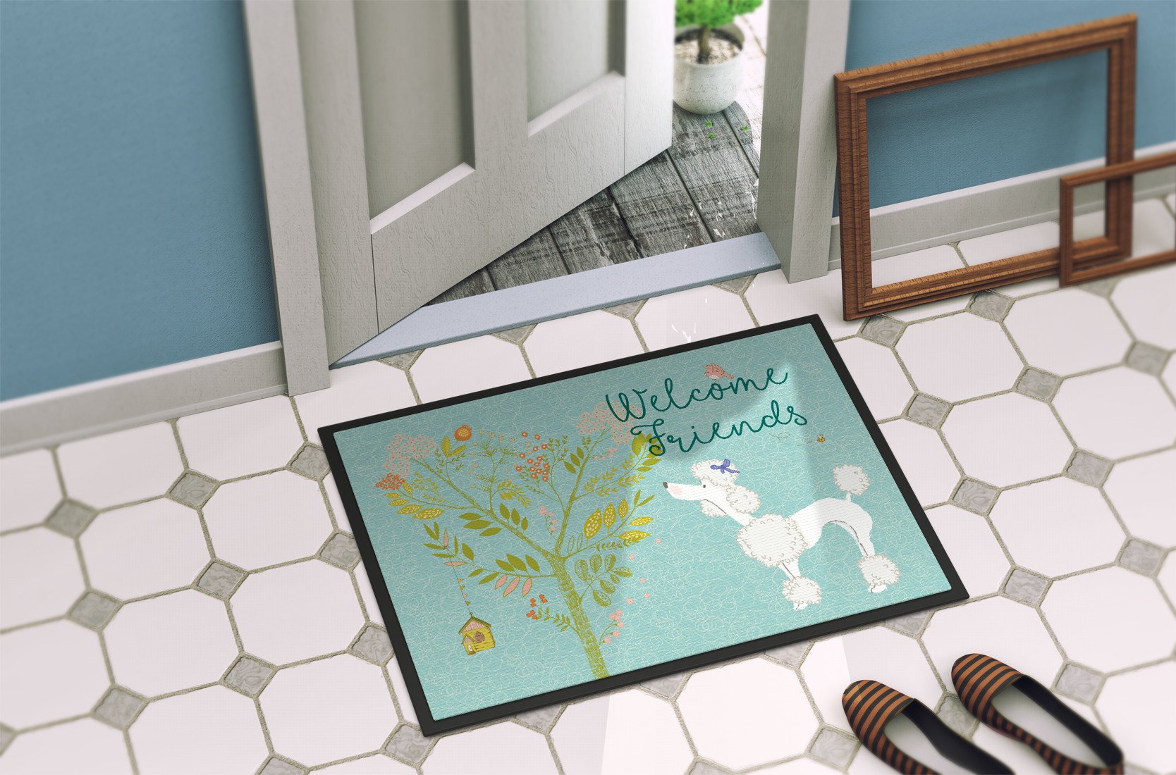 Welcome Friends White Poodle Indoor or Outdoor Mat 24x36 BB7614JMAT by Caroline's Treasures