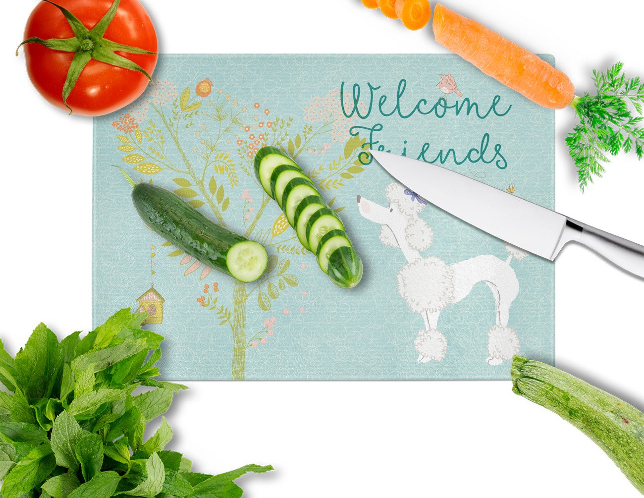 Welcome Friends White Poodle Glass Cutting Board Large BB7614LCB by Caroline's Treasures