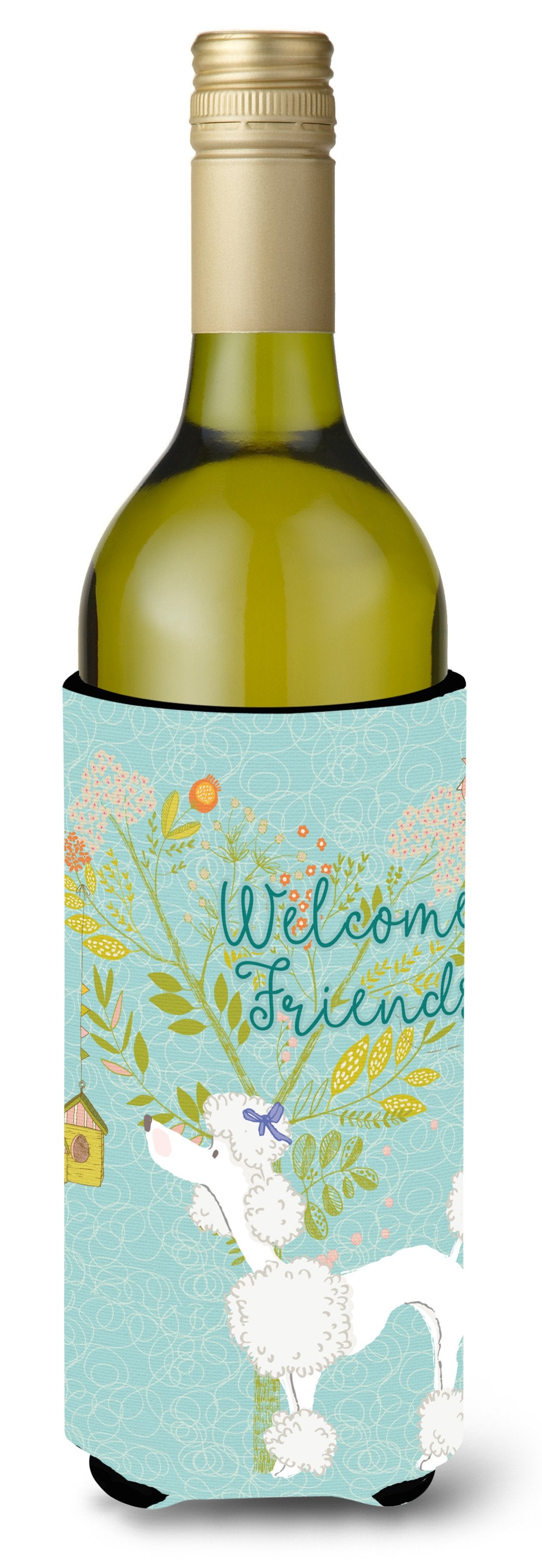 Welcome Friends White Poodle Wine Bottle Beverge Insulator Hugger BB7614LITERK by Caroline&#39;s Treasures