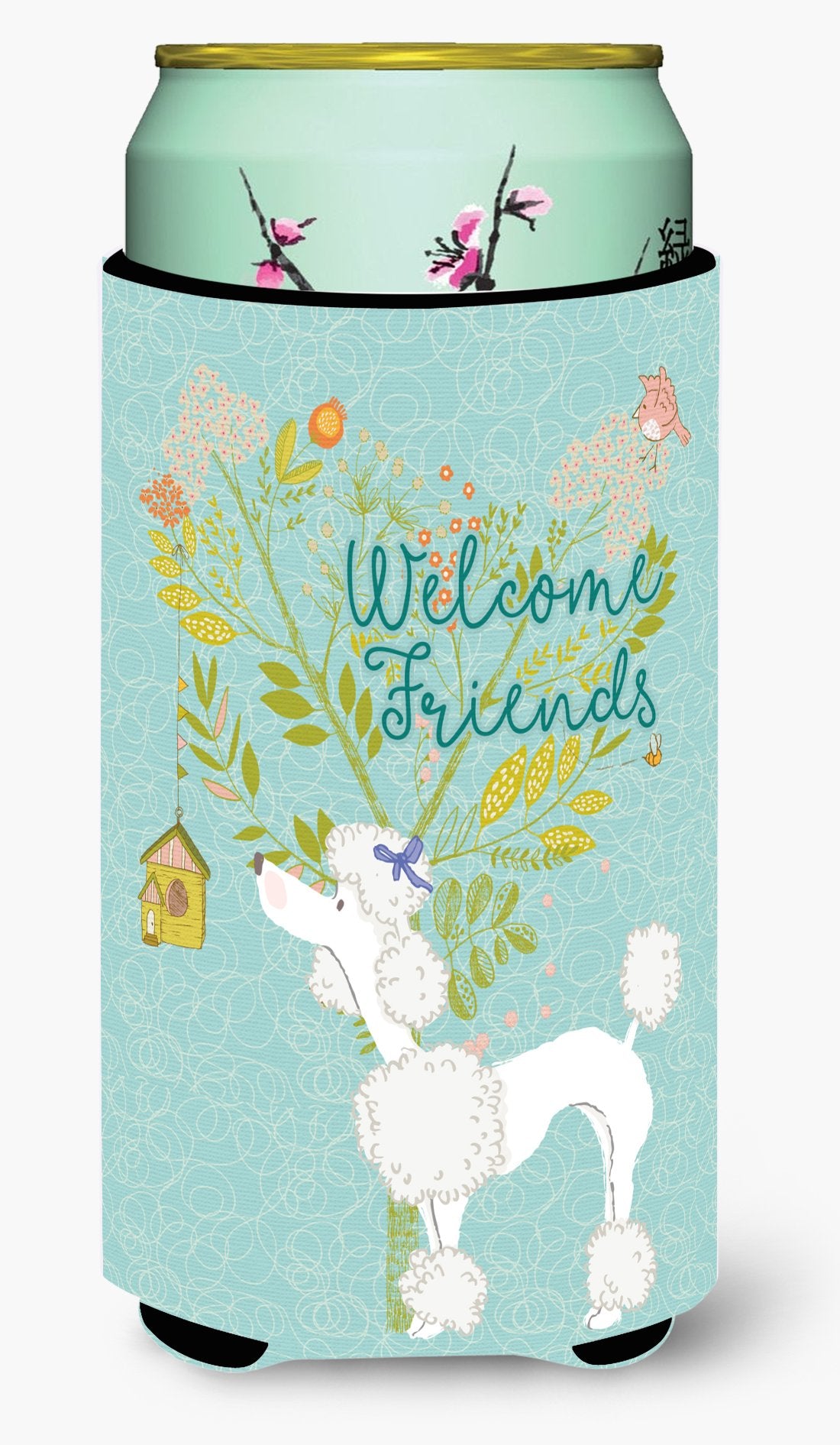 Welcome Friends White Poodle Tall Boy Beverage Insulator Hugger BB7614TBC by Caroline&#39;s Treasures