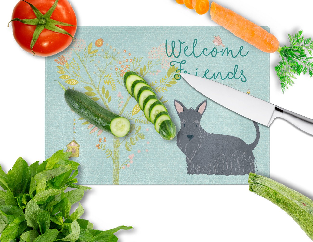 Welcome Friends Scottish Terrier Glass Cutting Board Large BB7616LCB by Caroline's Treasures
