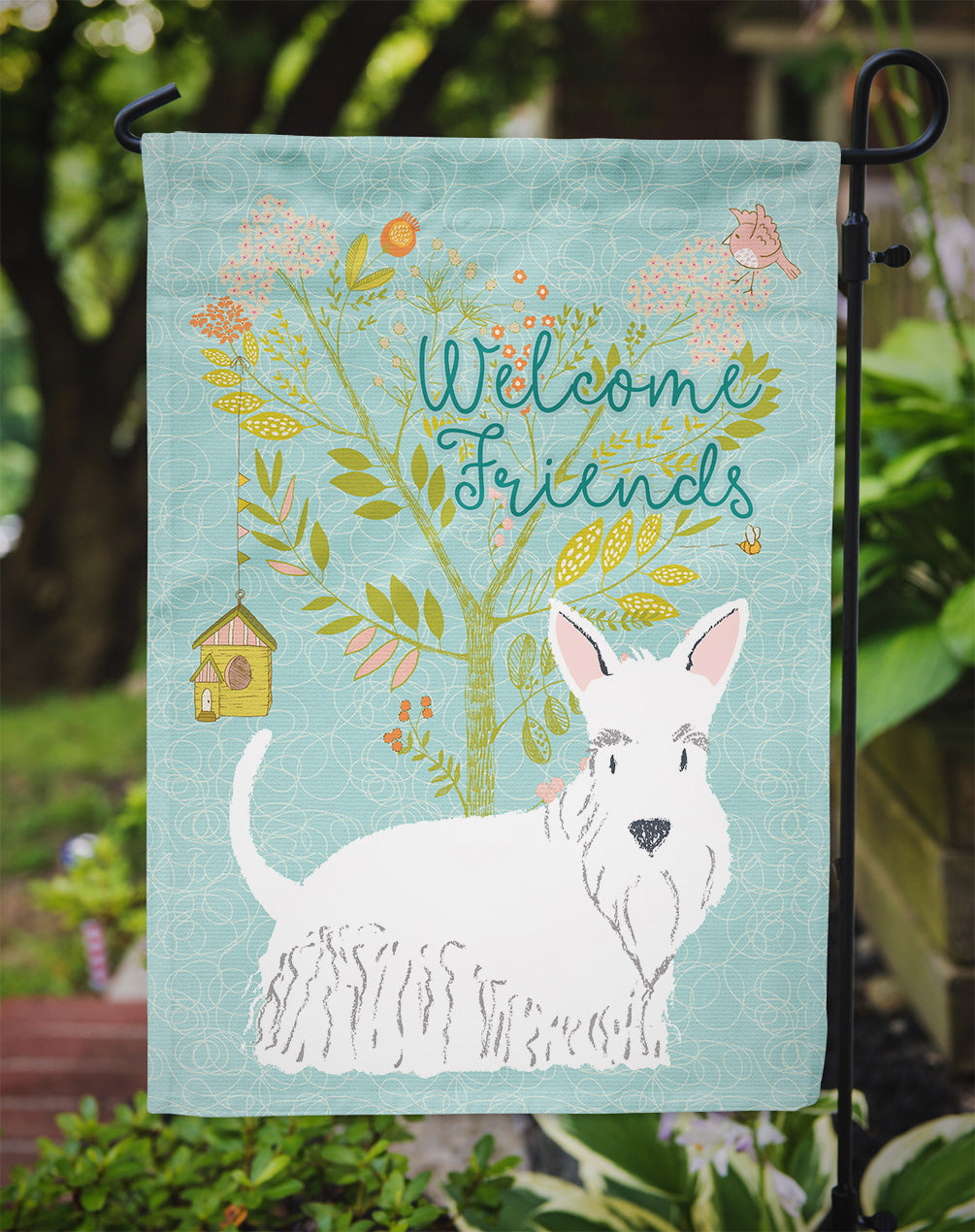 Welcome Friends White Scottish Terrier Flag Garden Size BB7617GF