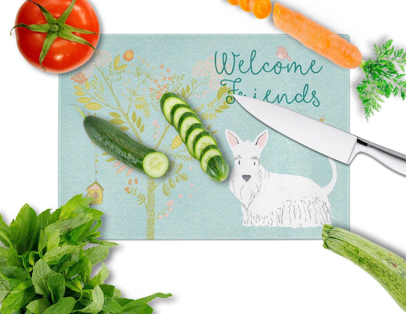 Welcome Friends White Scottish Terrier Glass Cutting Board Large BB7617LCB by Caroline's Treasures