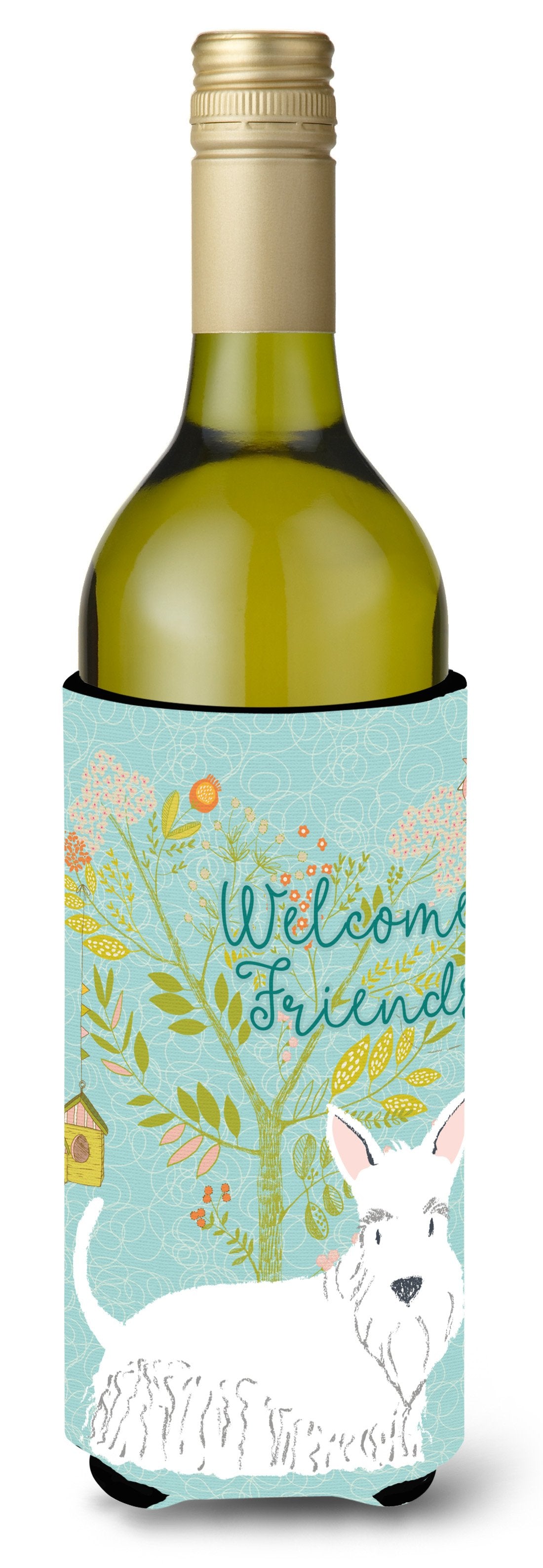 Welcome Friends White Scottish Terrier Wine Bottle Beverge Insulator Hugger BB7617LITERK by Caroline&#39;s Treasures