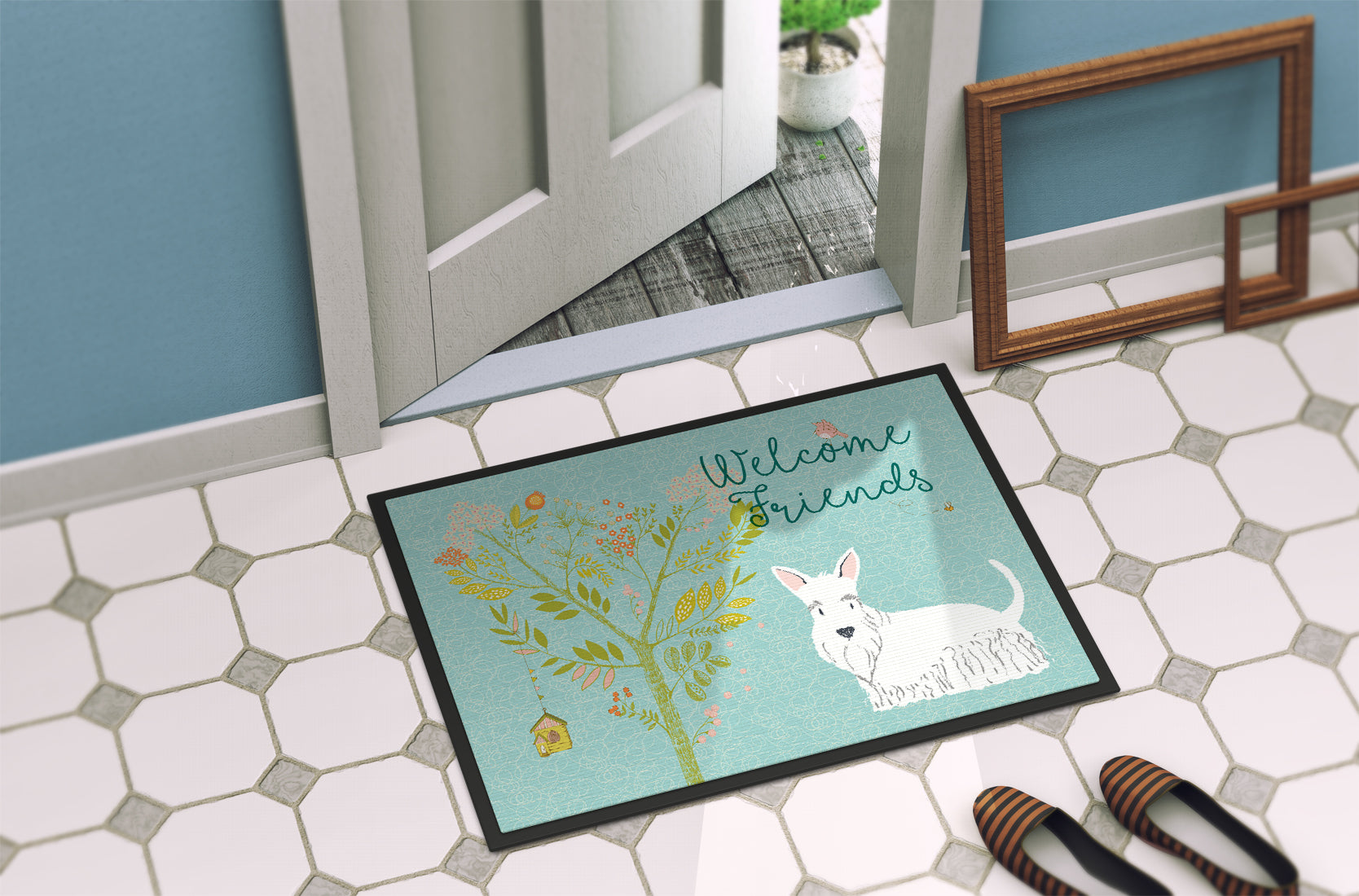 Welcome Friends White Scottish Terrier Indoor or Outdoor Mat 18x27 BB7617MAT - the-store.com