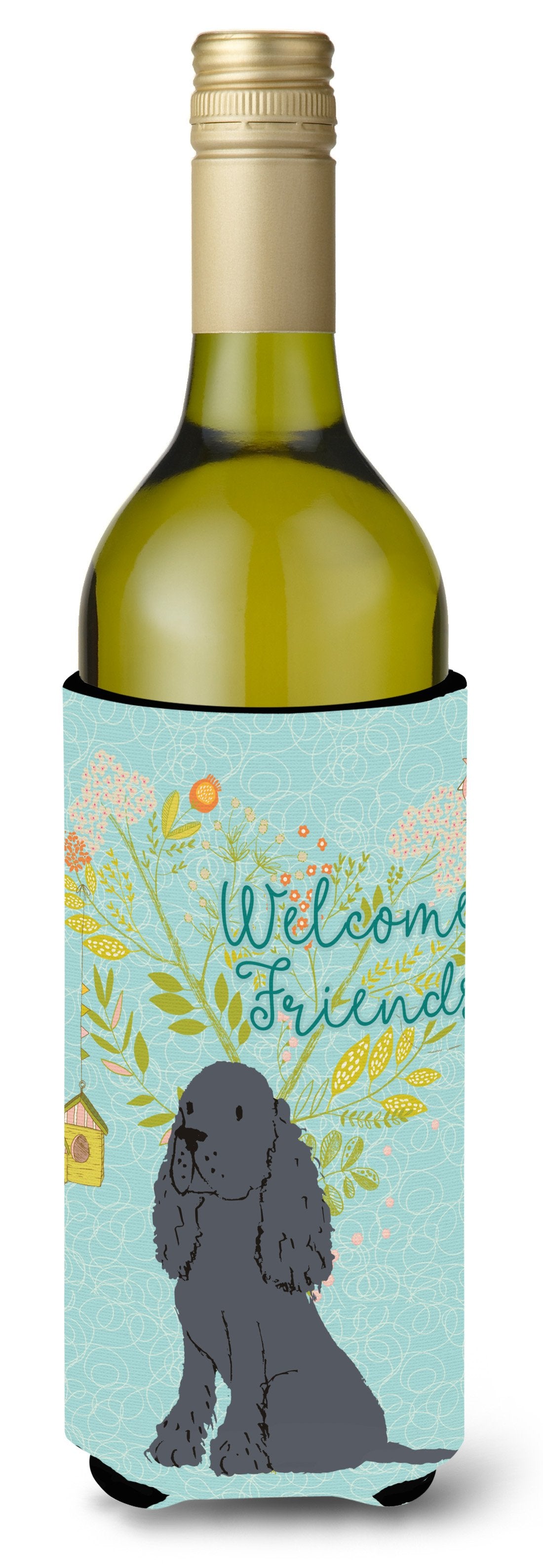 Welcome Friends Black Cocker Spaniel Wine Bottle Beverge Insulator Hugger BB7618LITERK by Caroline&#39;s Treasures