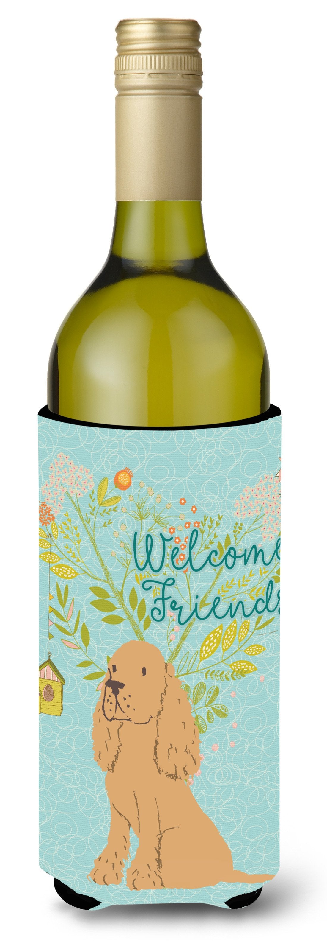 Welcome Friends Buff Cocker Spaniel Wine Bottle Beverge Insulator Hugger BB7619LITERK by Caroline&#39;s Treasures