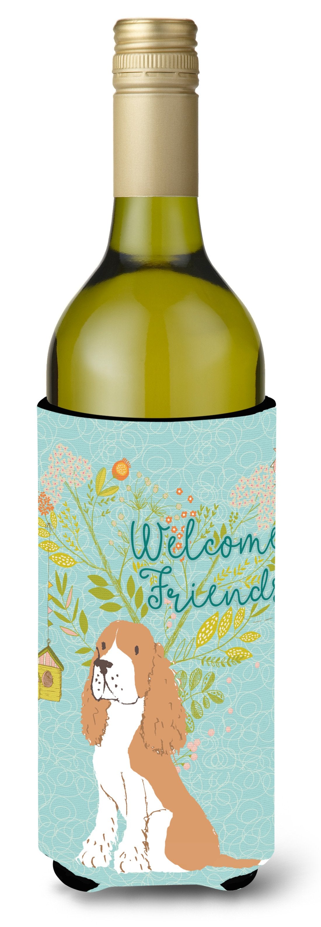 Welcome Friends Gold Springer Spaniel Wine Bottle Beverge Insulator Hugger BB7620LITERK by Caroline&#39;s Treasures