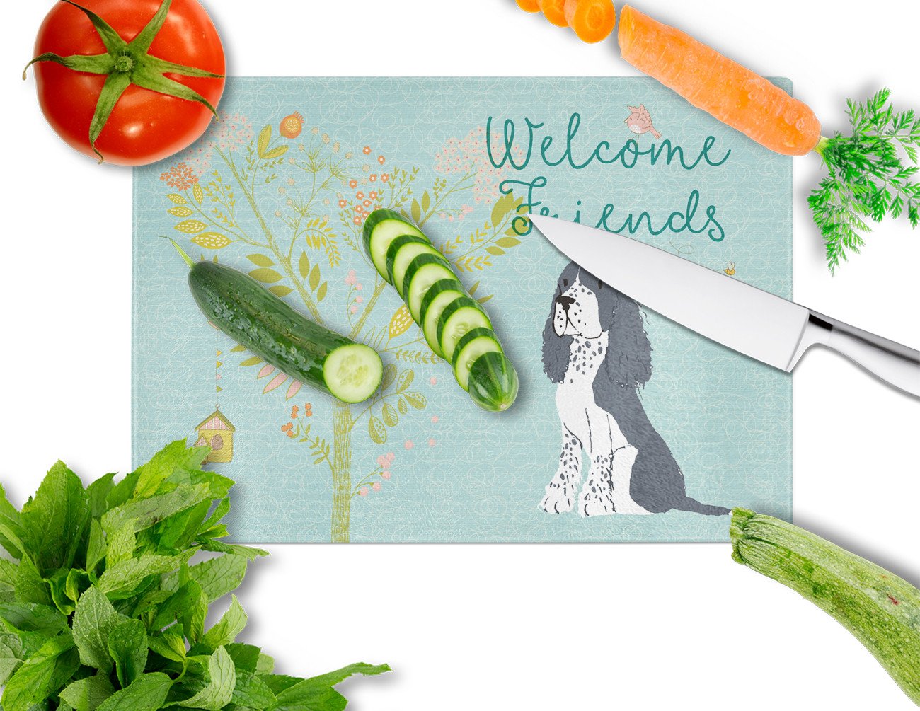 Welcome Friends Black Springer Spaniel Glass Cutting Board Large BB7621LCB by Caroline's Treasures