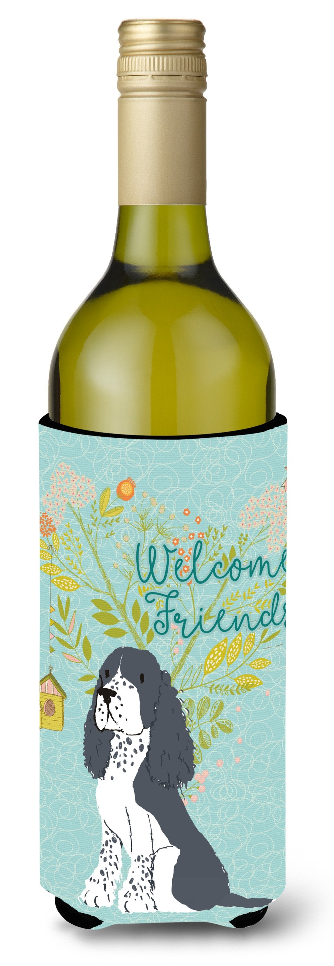 Welcome Friends Black Springer Spaniel Wine Bottle Beverge Insulator Hugger BB7621LITERK by Caroline&#39;s Treasures