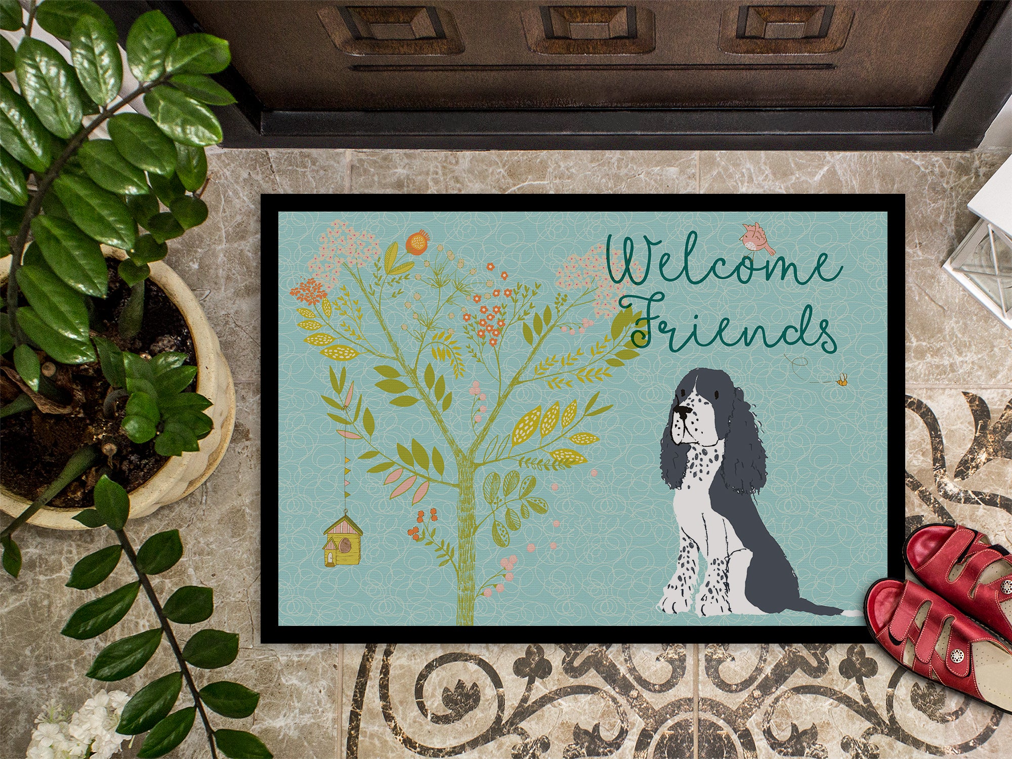 Welcome Friends Black Springer Spaniel Indoor or Outdoor Mat 18x27 BB7621MAT - the-store.com