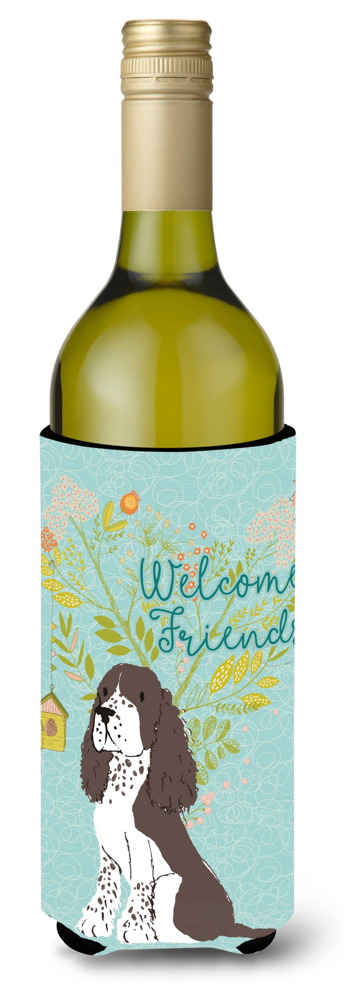 Welcome Friends Brown Springer Spaniel Wine Bottle Beverge Insulator Hugger BB7622LITERK by Caroline&#39;s Treasures
