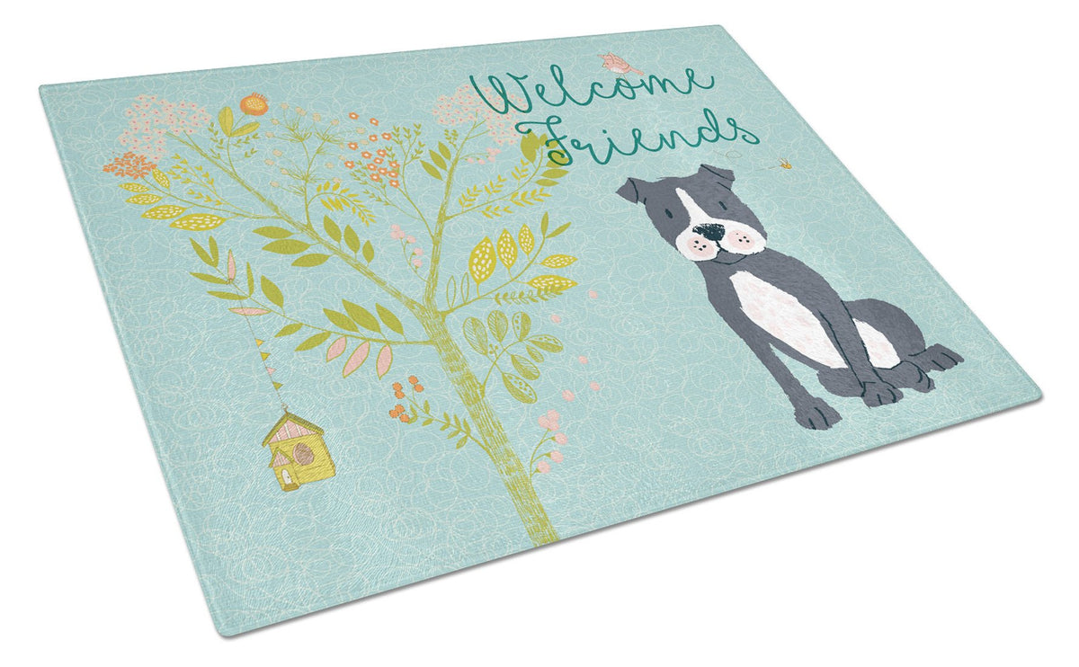 Welcome Friends Black Staffie Glass Cutting Board Large BB7623LCB by Caroline&#39;s Treasures