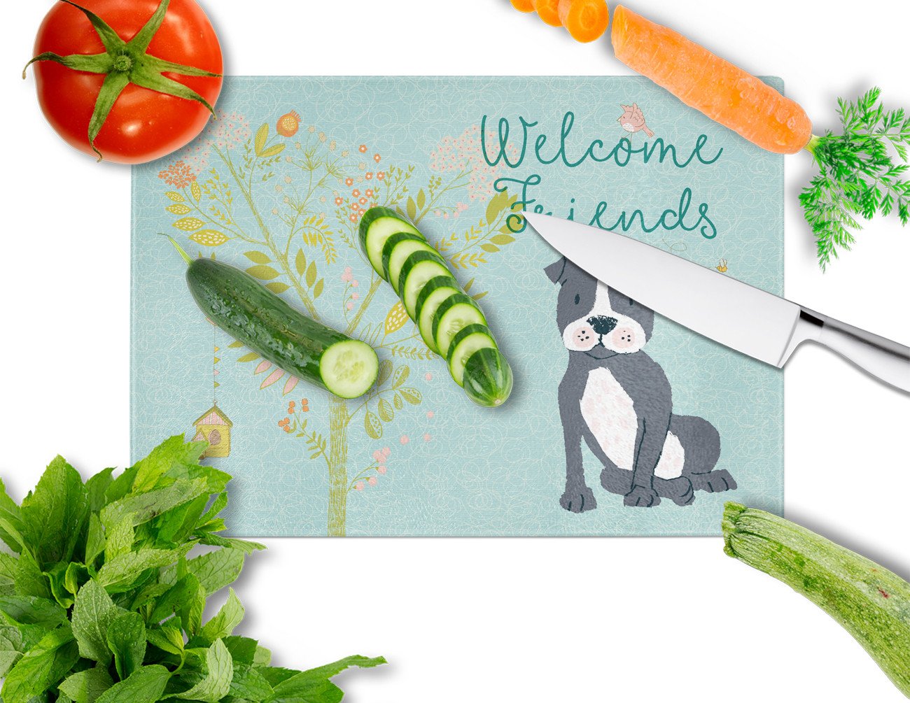 Welcome Friends Black Staffie Glass Cutting Board Large BB7623LCB by Caroline's Treasures