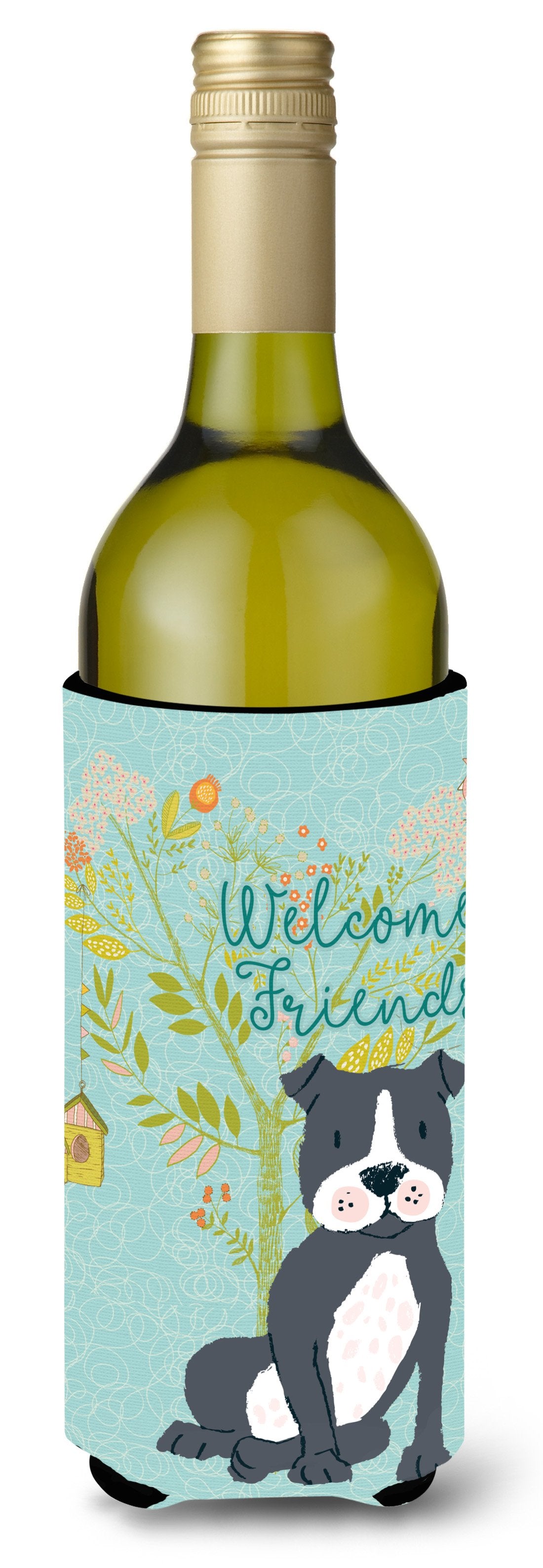 Welcome Friends Black Staffie Wine Bottle Beverge Insulator Hugger BB7623LITERK by Caroline&#39;s Treasures
