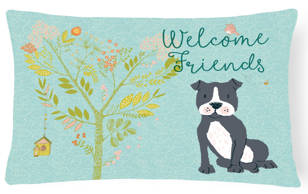 Welcome Friends Black Staffie Canvas Fabric Decorative Pillow BB7623PW1216 by Caroline&#39;s Treasures