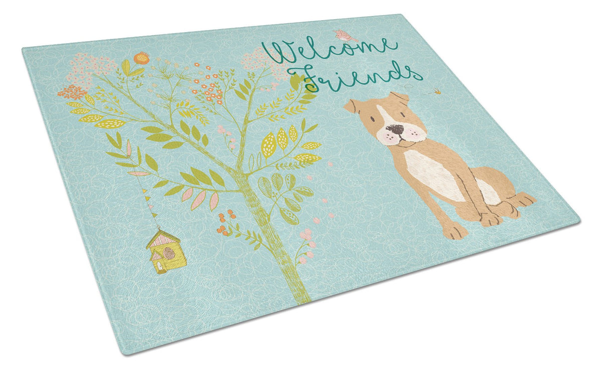 Welcome Friends Brown Staffie Glass Cutting Board Large BB7624LCB by Caroline&#39;s Treasures