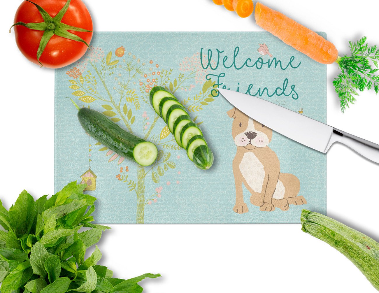 Welcome Friends Brown Staffie Glass Cutting Board Large BB7624LCB by Caroline's Treasures
