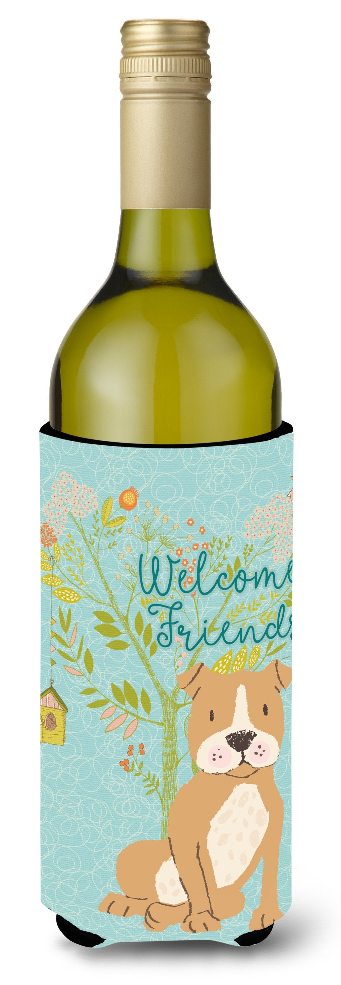 Welcome Friends Brown Staffie Wine Bottle Beverge Insulator Hugger BB7624LITERK by Caroline&#39;s Treasures