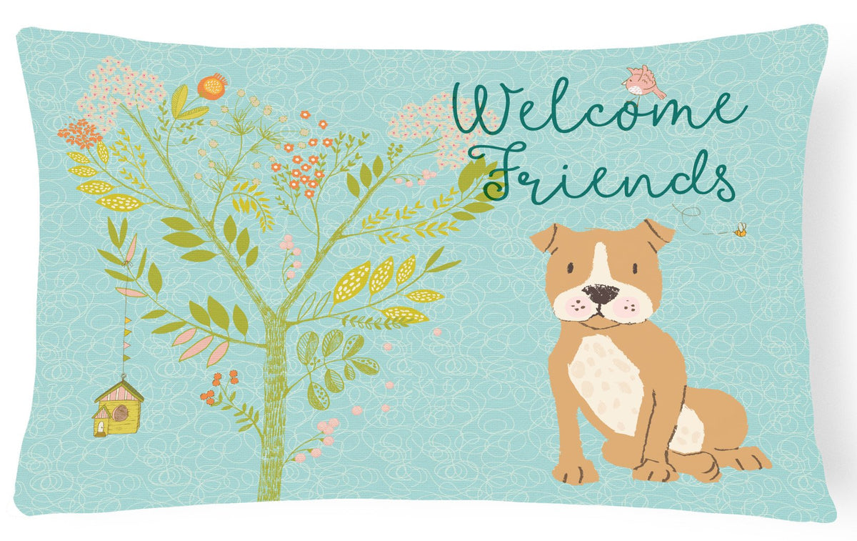 Welcome Friends Brown Staffie Canvas Fabric Decorative Pillow BB7624PW1216 by Caroline&#39;s Treasures