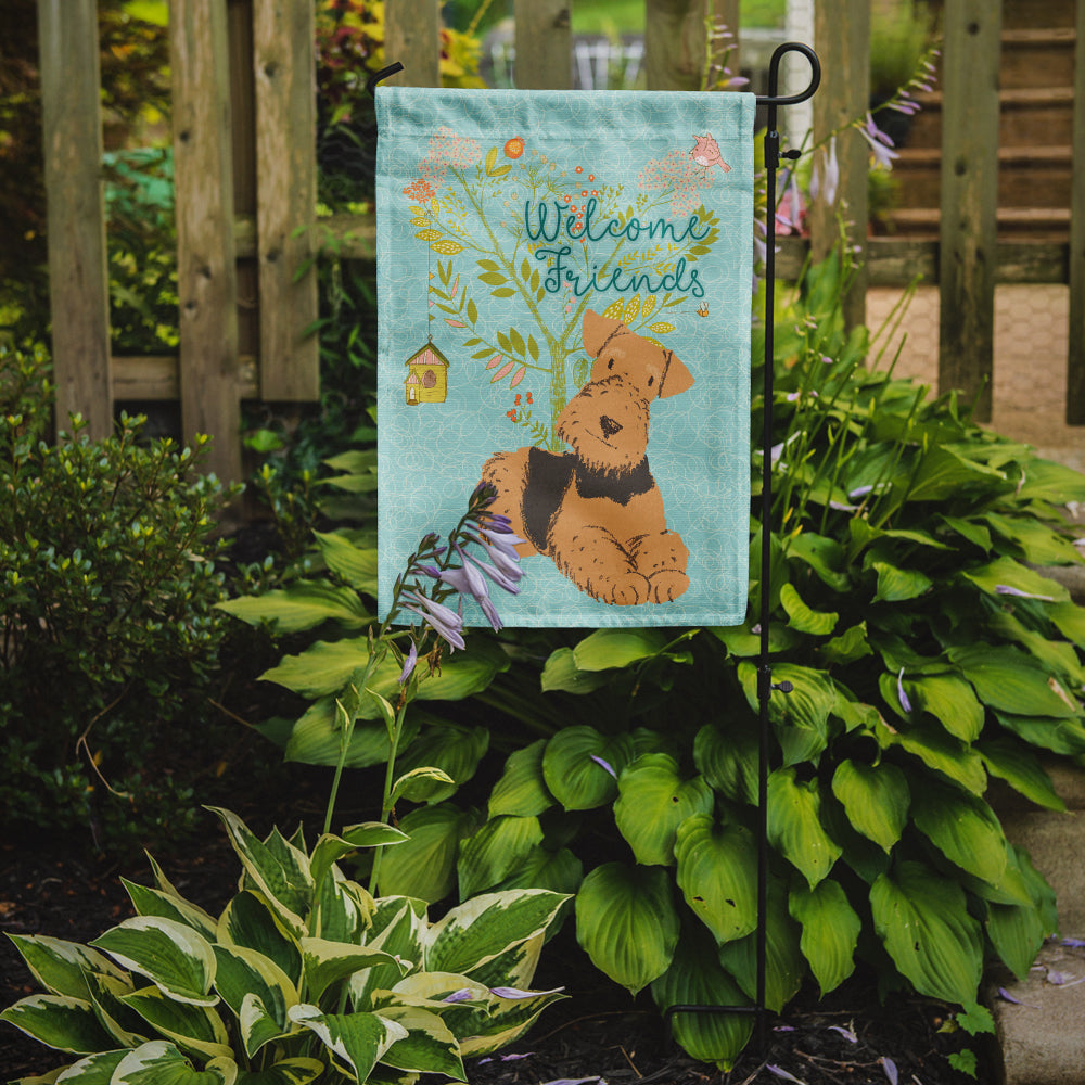 Caroline's Treasures Welcome Friends Airedale Terrier Garden Flag – Teal Dog Yard Decor with Tree Illustration BB7625GF