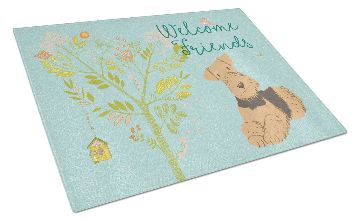 Welcome Friends Airedale Terrier Glass Cutting Board Large BB7625LCB by Caroline&#39;s Treasures