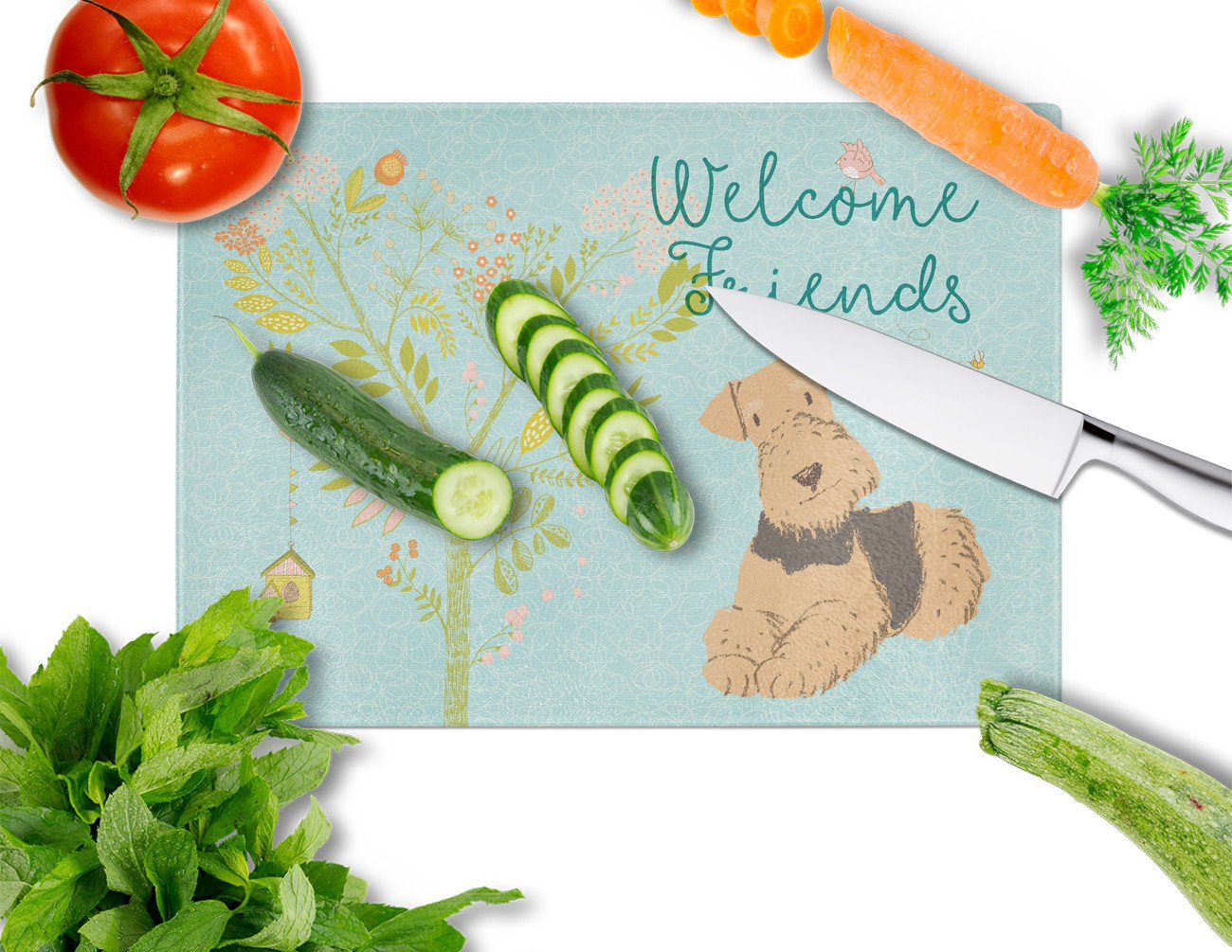 Welcome Friends Airedale Terrier Glass Cutting Board Large BB7625LCB by Caroline's Treasures