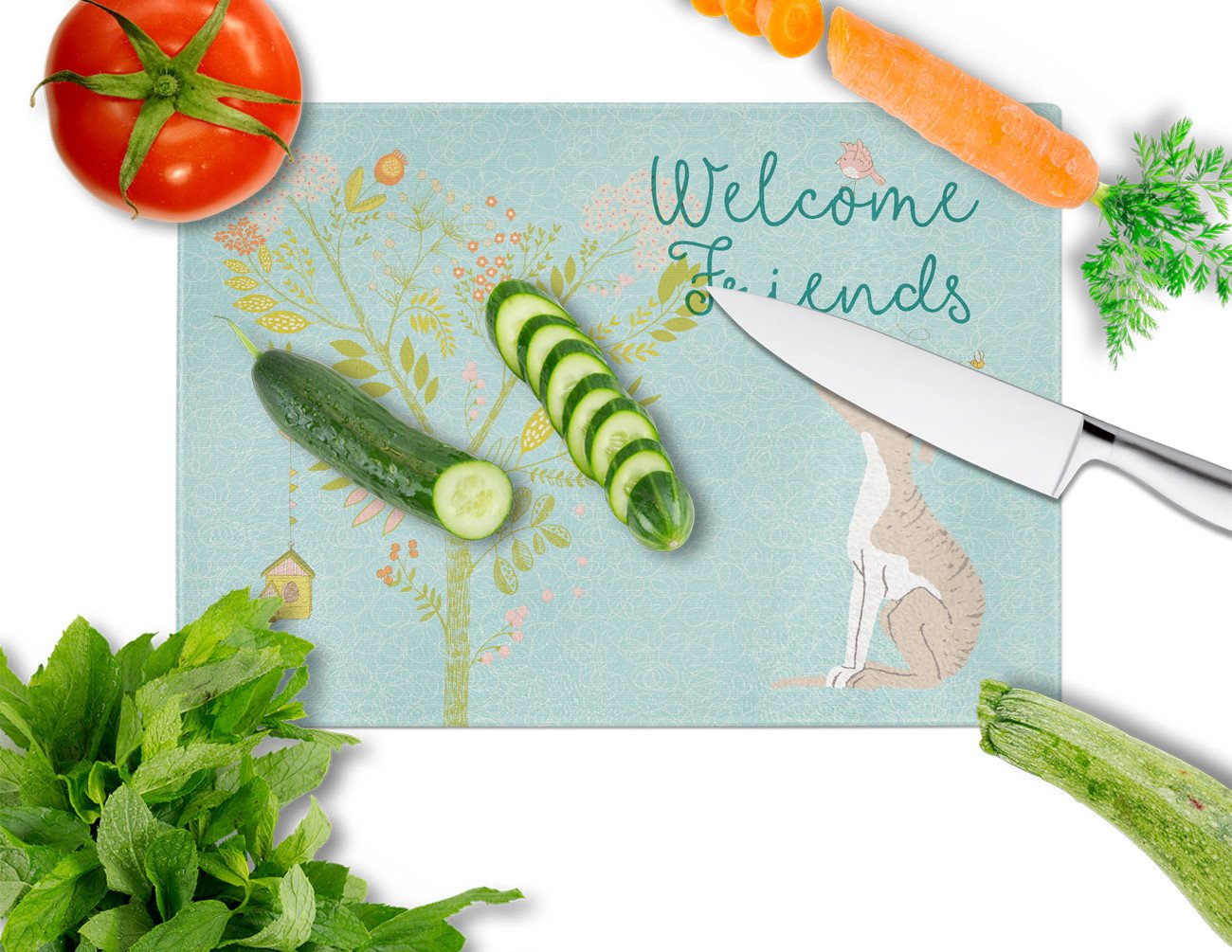 Welcome Friends Whippet Glass Cutting Board Large BB7626LCB by Caroline's Treasures