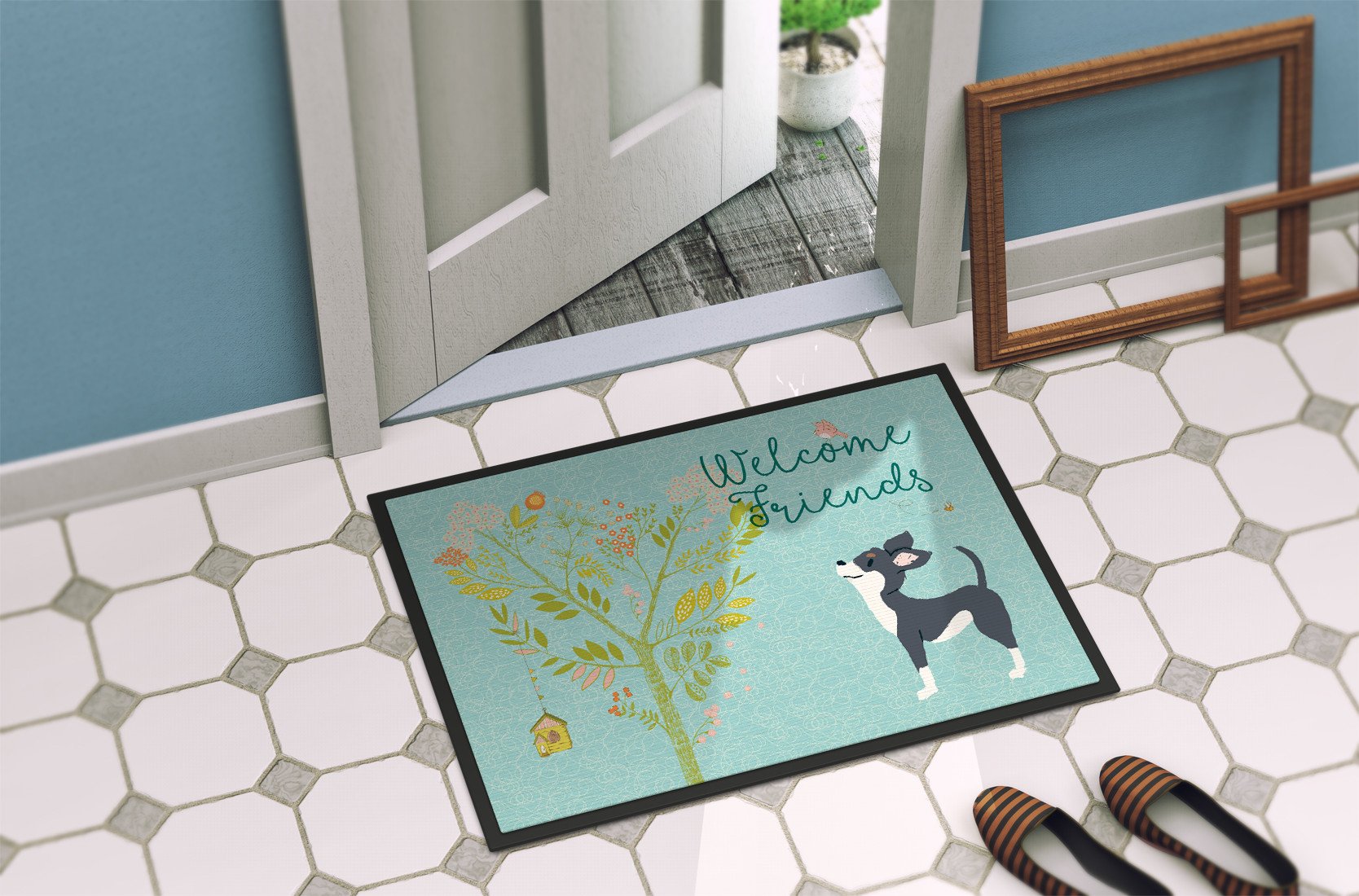 Welcome Friends Black White Chihuahua Indoor or Outdoor Mat 24x36 BB7627JMAT by Caroline's Treasures