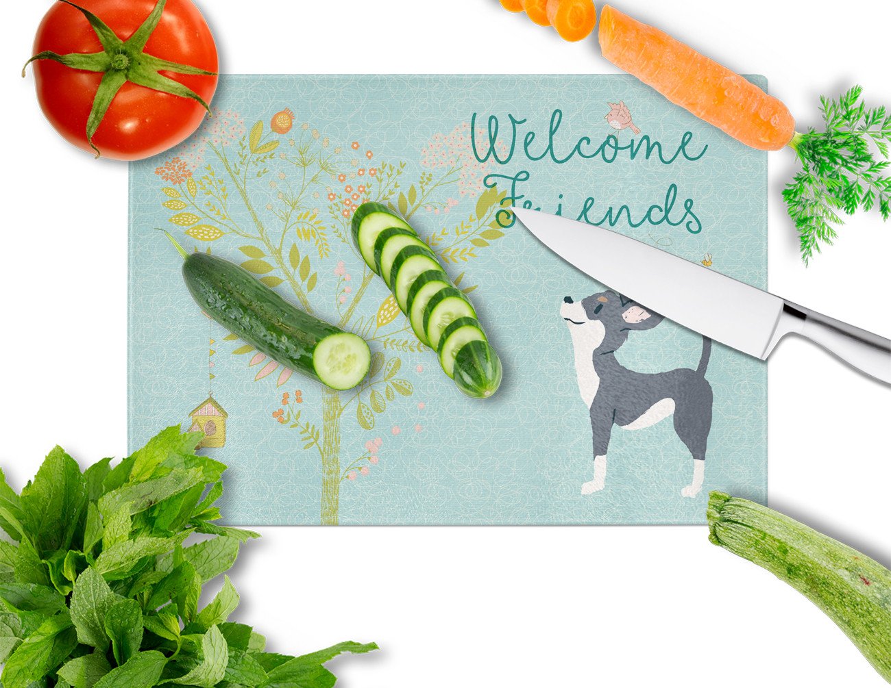 Welcome Friends Black White Chihuahua Glass Cutting Board Large BB7627LCB by Caroline's Treasures