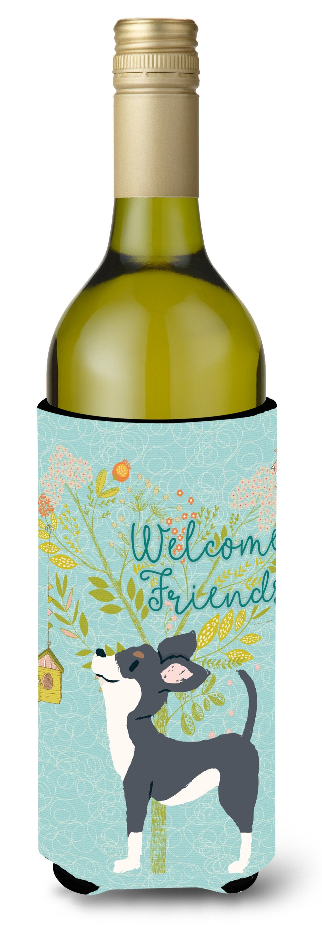 Welcome Friends Black White Chihuahua Wine Bottle Beverge Insulator Hugger BB7627LITERK by Caroline&#39;s Treasures