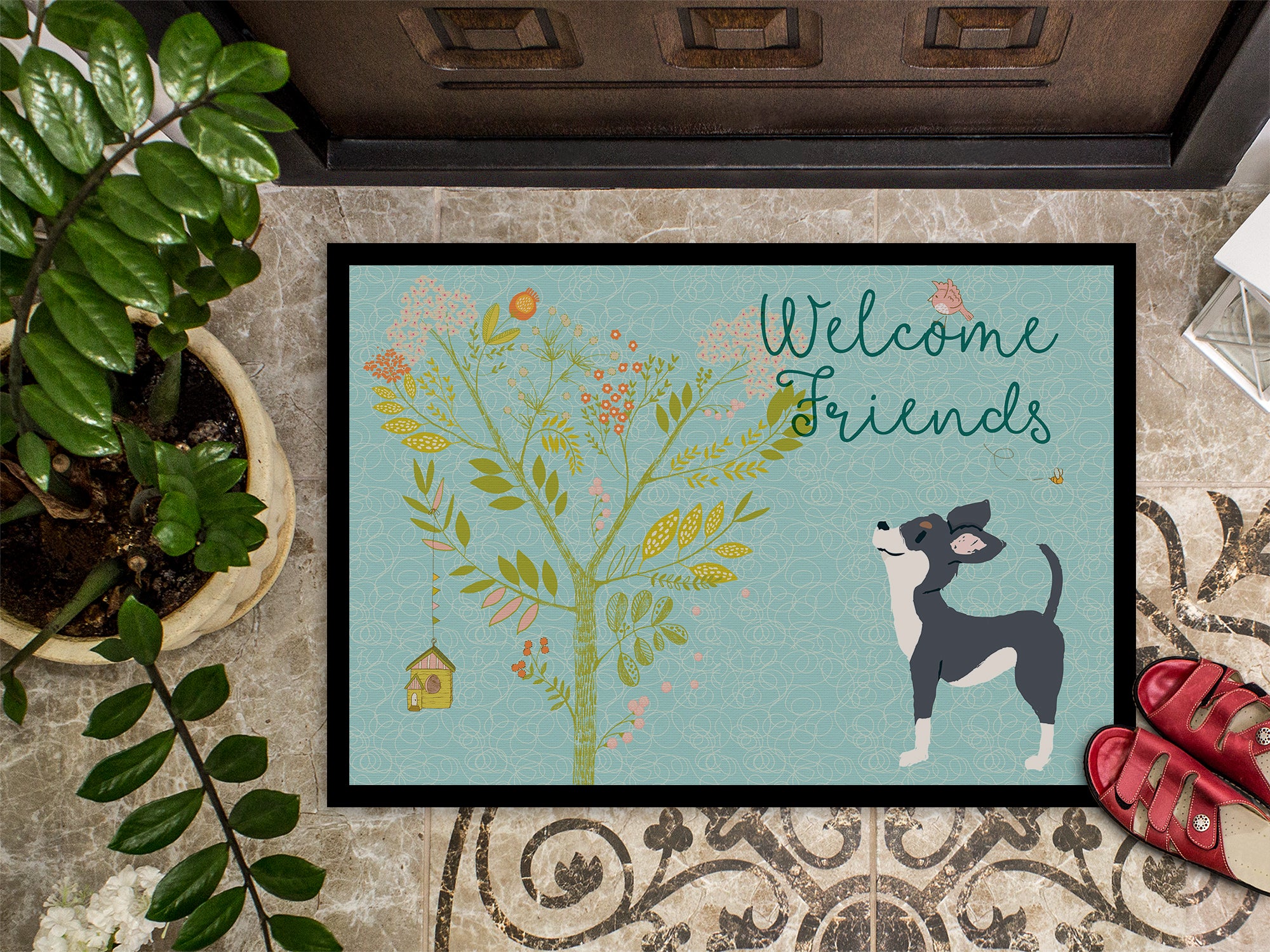 Welcome Friends Black White Chihuahua Indoor or Outdoor Mat 18x27 BB7627MAT - the-store.com