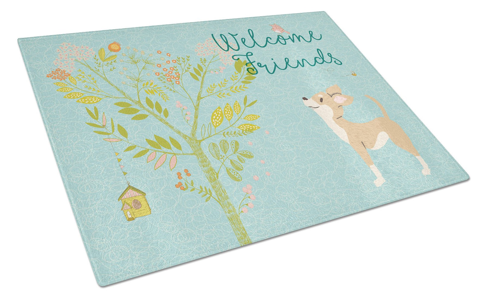 Welcome Friends Brown White Chihuahua Glass Cutting Board Large BB7628LCB by Caroline's Treasures
