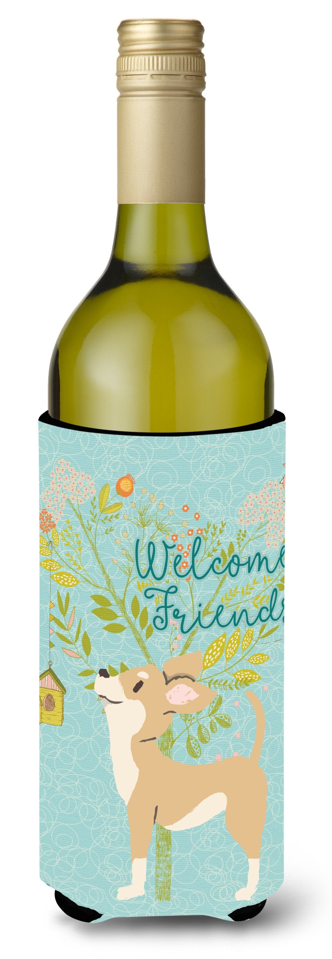 Welcome Friends Brown White Chihuahua Wine Bottle Beverge Insulator Hugger BB7628LITERK by Caroline&#39;s Treasures