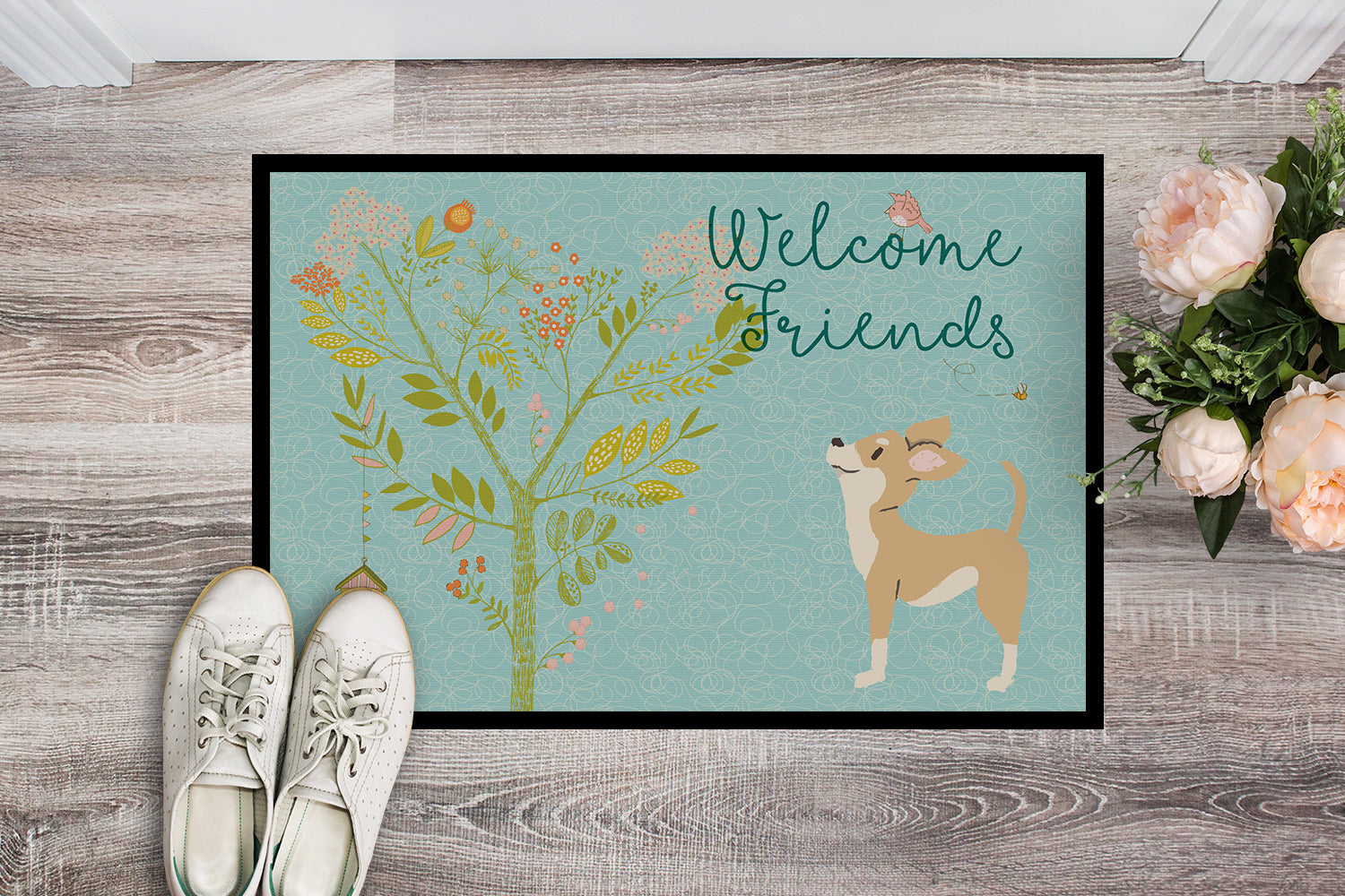 Welcome Friends Brown White Chihuahua Indoor or Outdoor Mat 18x27 BB7628MAT - the-store.com