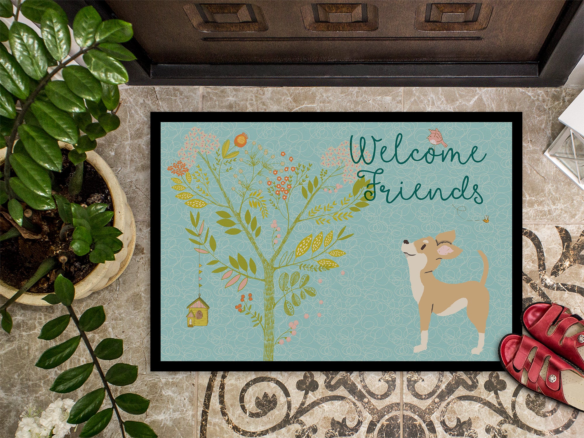 Welcome Friends Brown White Chihuahua Indoor or Outdoor Mat 18x27 BB7628MAT - the-store.com