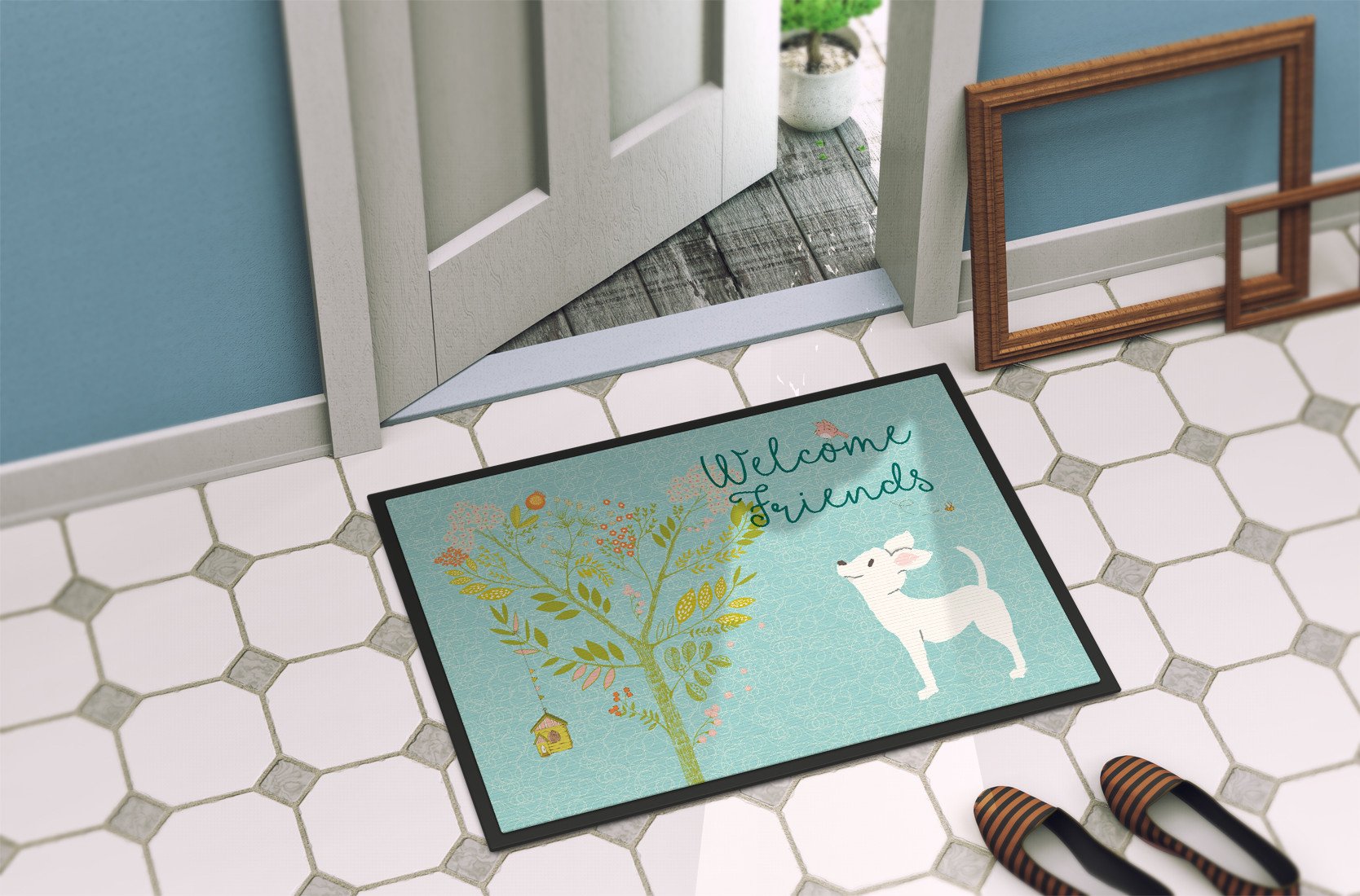 Welcome Friends White Chihuahua Indoor or Outdoor Mat 24x36 BB7629JMAT by Caroline's Treasures
