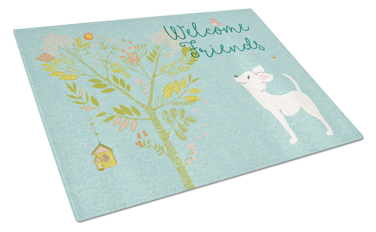 Welcome Friends White Chihuahua Glass Cutting Board Large BB7629LCB by Caroline&#39;s Treasures